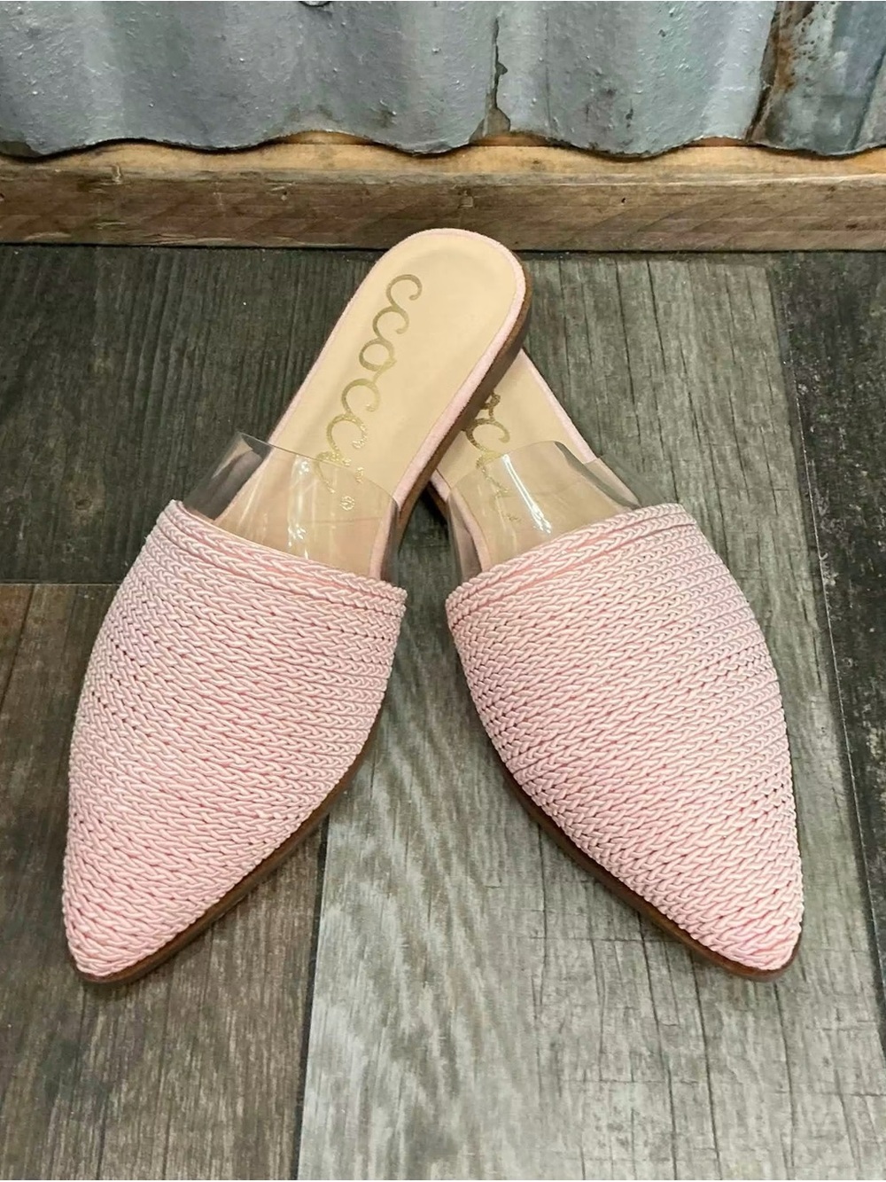 CCOCCI Pink Woven Pointed-Toe Slide Mules with Clear Strap
